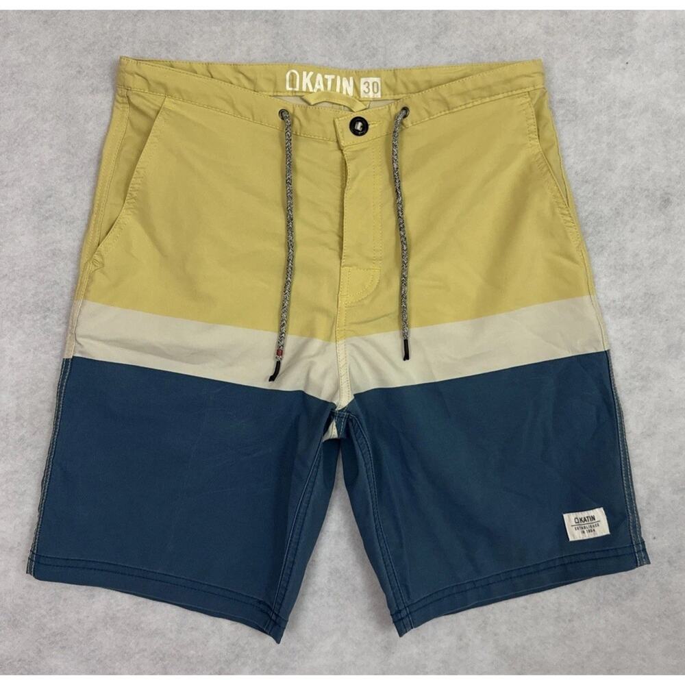 Katin Boardshorts Mens 30 Yellow Blue Colorblock Stretch Surf Swim Shorts
